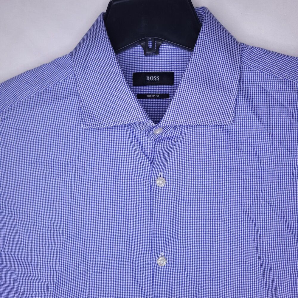 Hugo Boss Dress Shirt Mens 17 Check Blue, White 34/35 Sharp Fit